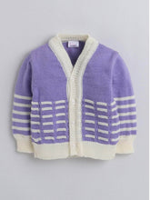 Little Angels Little Angels V-Neck Full Sleeves Striped Cream & Violet Cardigan, Pants, Cap & Socks Sweater Sets Little Bloom Knitwear Set